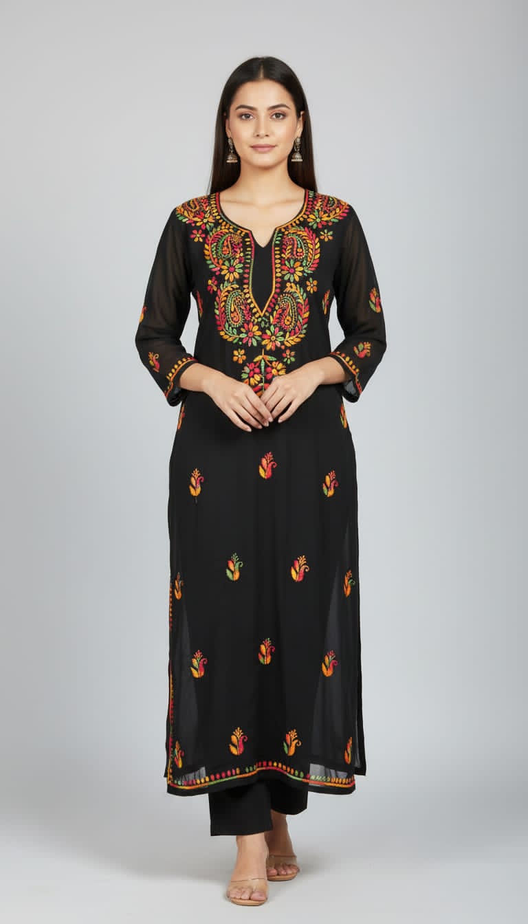 Black Multicolour Thread Long Kurti